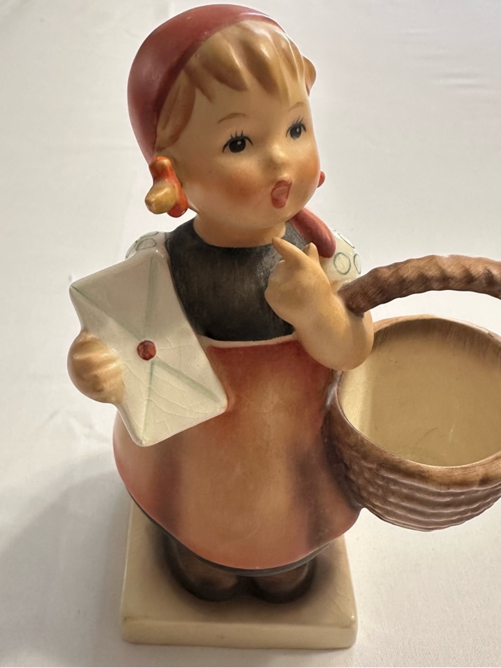 Vintage Hand-Painted Ceramic Girl with Basket and Letter - Red Dress